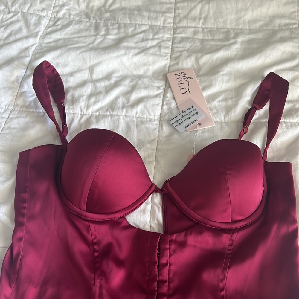 NWT Oh Polly Infatuation Cut Out Satin Mini Dress Wine - Picture 5 of 9